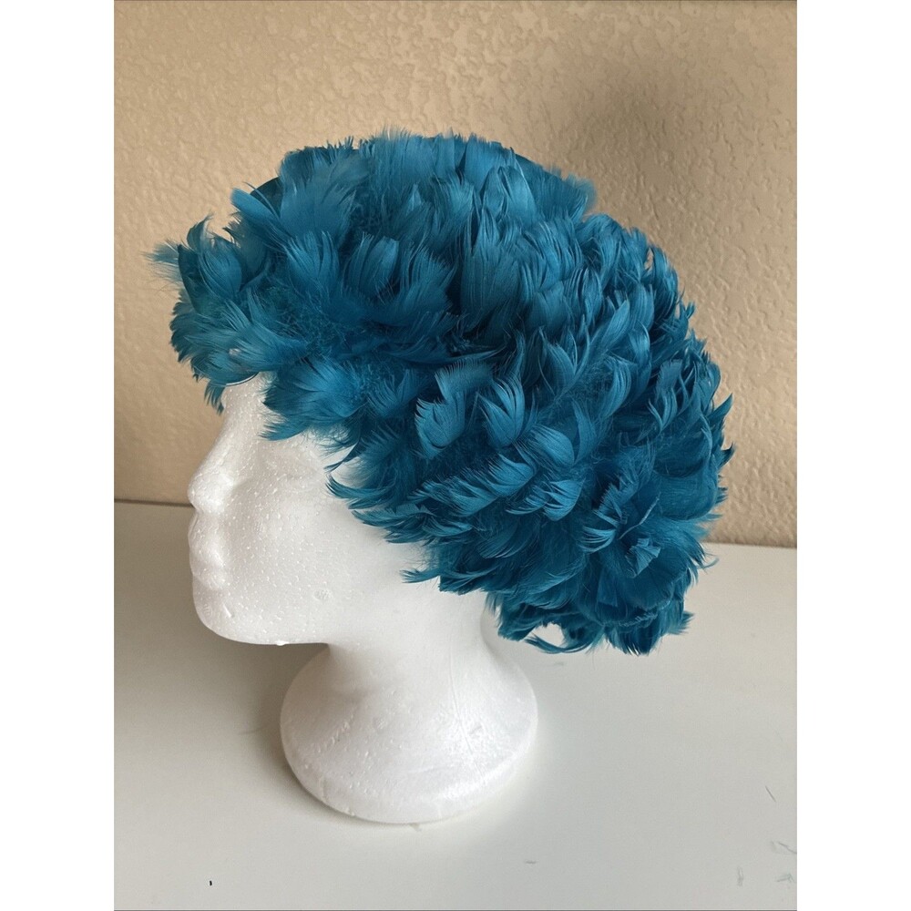 Vintage Bright Blue Feather Stretchy Hat Made In Yugoslavia
